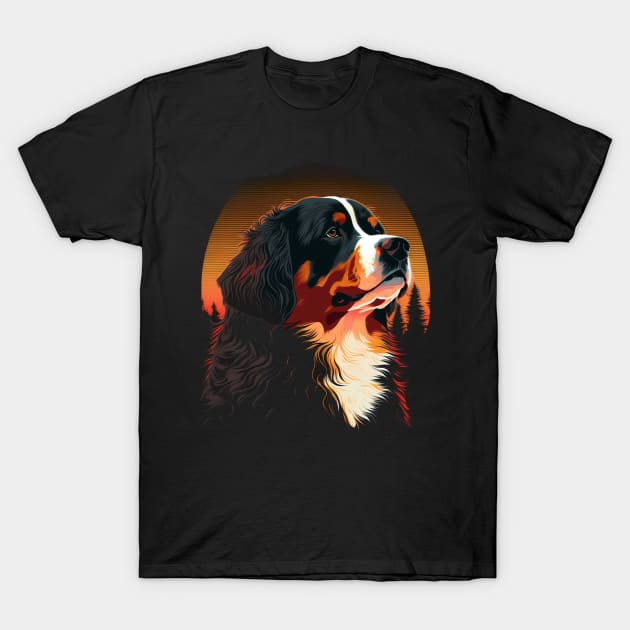 Bernese Mountain Dog Art Print Hiking Orange Sunset T-Shirt by Sports Stars ⭐⭐⭐⭐⭐